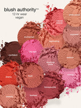 Blush powders in various colors, including shades like big ego, natural beauty, and paaarty, are scattered and labeled. Text reads: blush authority™ 12-hr wear vegan.
