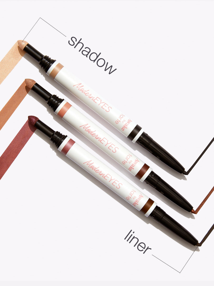 Eyebrow pencils with 'shadow' and 'liner' labels on a white background