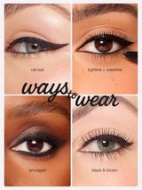 Two eyeliner pencils with fine tips are standing upright, covered in water droplets. They have text: Tarte. In the bottom left corner, text reads: waterproof, ophthalmologist tested, safe for contact lens wearers.