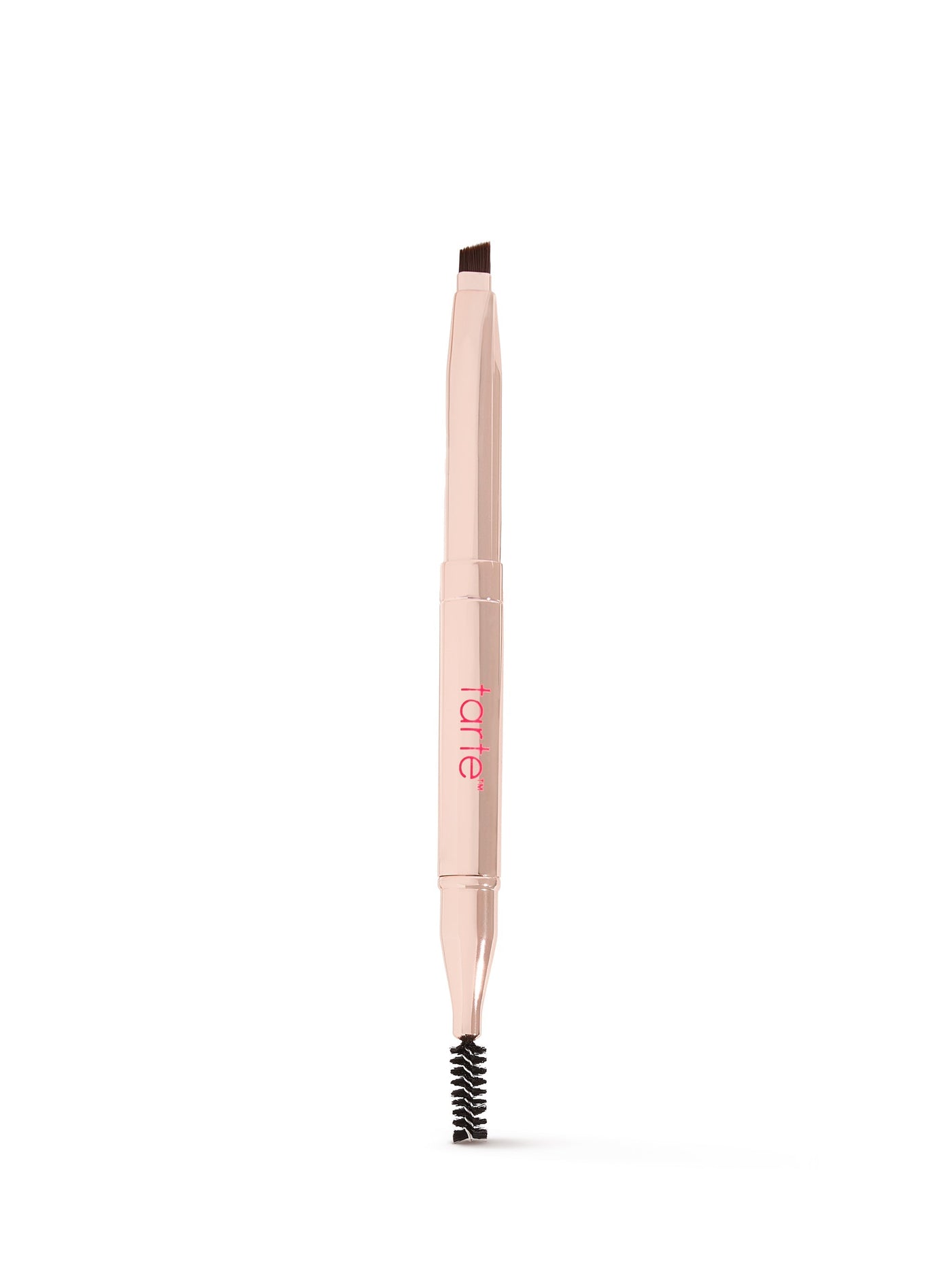 Dual-ended makeup tool features a slanted brush on one side and a spoolie on the other, designed for eyebrow grooming. The tool is labeled tarte against a plain white background.