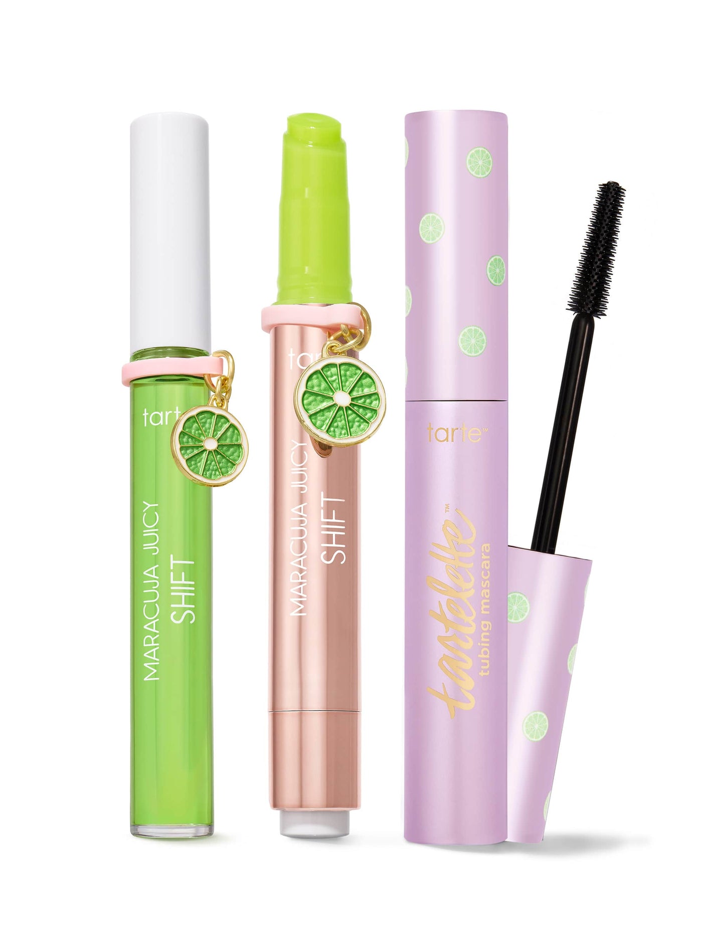 Three makeup products with visible branding on a white background