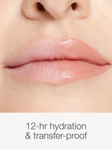 Close-up of lips with a smooth texture, labeled '12-hour hydration & transfer-proof'.