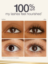 Before and after comparison of eyelashes with text indicating nourishment from tartelette tubing XL mascara