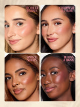 Four women with different skin tones and tarte maracuja juicy double ended multi stick on a beige background 