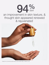 Hand holding a dropper bottle with text about skin improvement and rejuvenation.