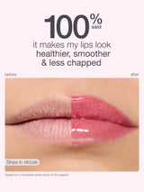 Lip gloss advertisement showing a close-up of lips with and without lip gloss, labeled 'Shea in drizzle'.