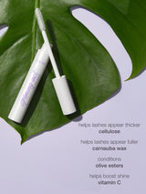 Mascara tube with brush on a green leaf against a light purple background