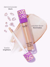 Makeup product with decorative cap and text describing color effects on a white background