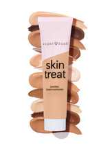 Tube of 'sugar rush skin treat' moisturizer with color swatches on a white background