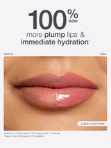 maracuja juicy lip plumping oil  advertisement showing a close-up of lips with '100% saw' text claiming plump lips and immediate hydration.