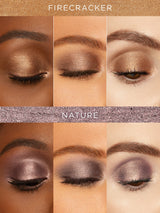 Eye makeup swatches labeled 'Firecracker' and 'Nature' on a brown background.