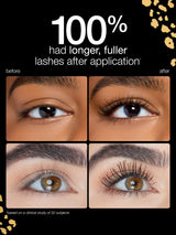 Before and after comparison of eyelashes with tarte maneater mascara text claiming longer, fuller lashes.