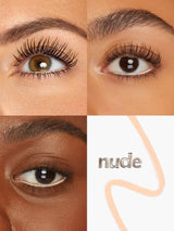 Close-up of eyes with different skin tones wearing tarte fake awake in shade 'nude' label.