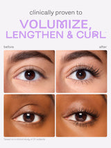 Before and after comparison of eyelashes with text 'Clinically proven to volumize, lengthen & curl' using tartelette tubing mascara