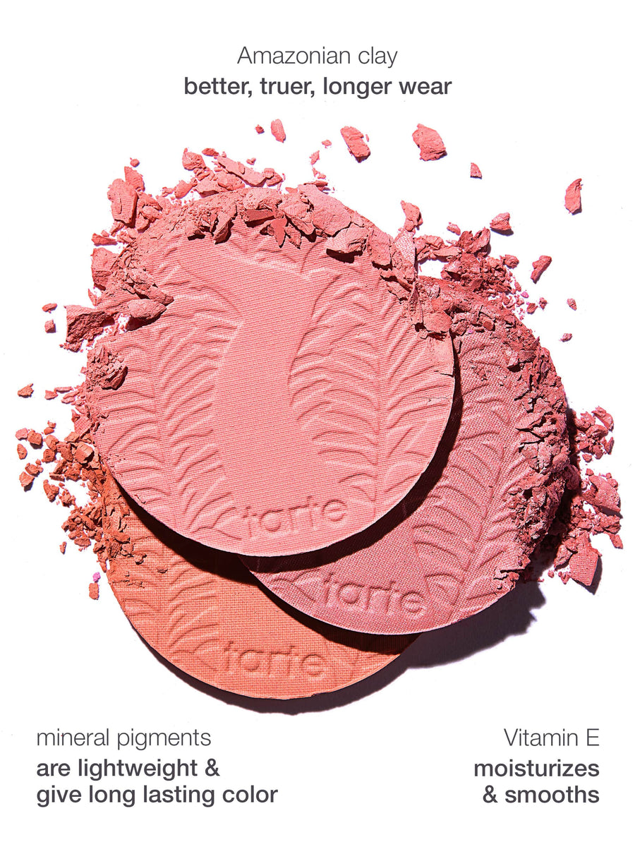 Tarte blush with 'Amazonian clay' text and product details on a white background