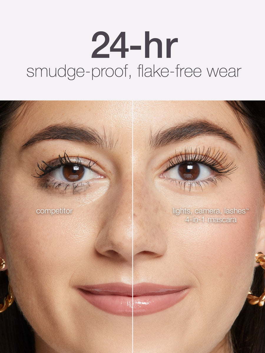 Before and after comparison of eye makeup application on a woman's face.