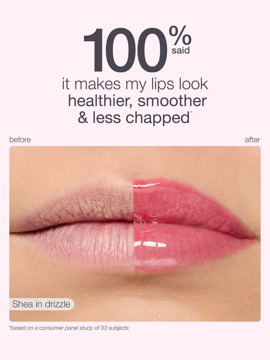 Lips shown before and after application of a lip product with text indicating benefits.