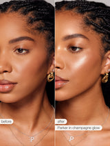 Side-by-side comparison of a woman wearing earrings labeled 'before' and 'after' with 'Parker in champagne glow'.