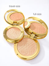 Two open compacts of a cosmetic product with 'full-size' and 'travel-size' labels on a white background.