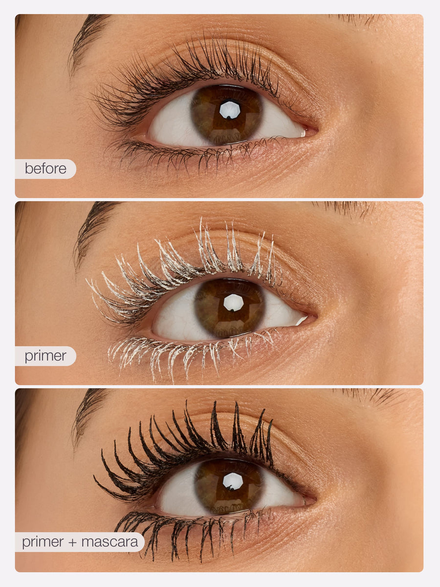 Before and after comparison of an eye with primer and mascara application.