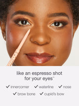 Close-up of a woman's face with makeup product and text on a white background