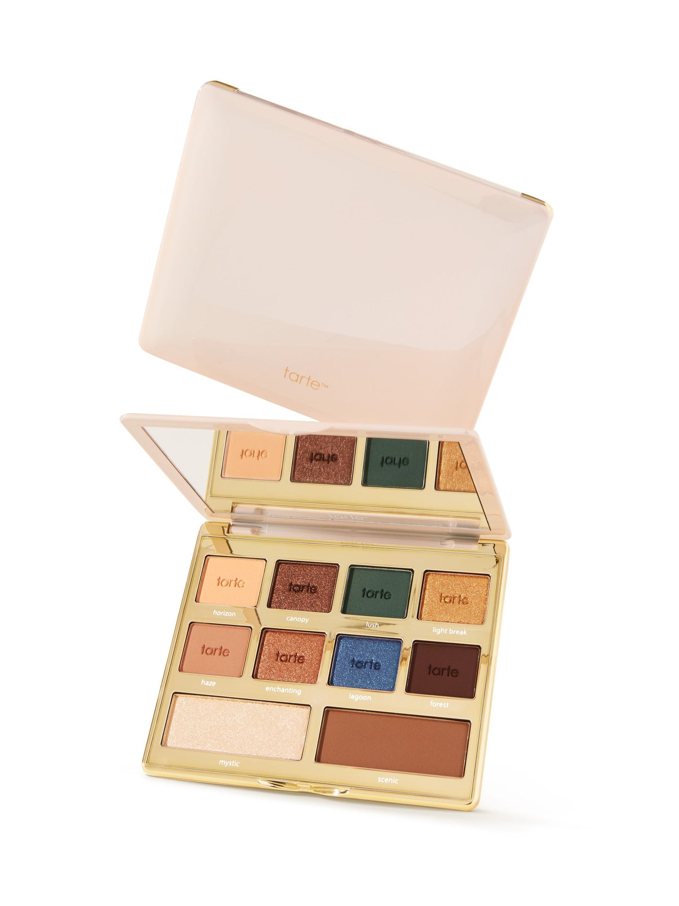 Makeup palette with various colors on a white background