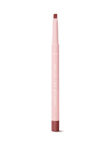 Lip liner pencil with pink casing and brown tip on a white background