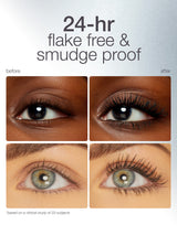 Two pairs of eyes are compared before and after applying Tarte Cosmetics mascara, emphasizing longer, fuller lashes. Text reads: 24-hr flake free & smudge proof, with a clinical study note.