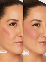 Before and after comparison of a woman's face with maneater™ cream stick blush application.