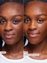 Before and after comparison of a woman's face with makeup application labeled 'Deja in deep bronze'.