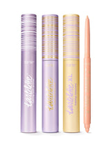 Set of lip products including lip glosses and a lip liner with packaging on a white background