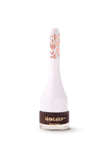 White bottle with brown label on a white background