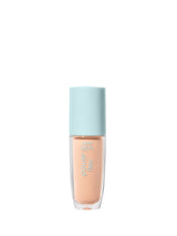 Foundation bottle with light blue cap on a white background